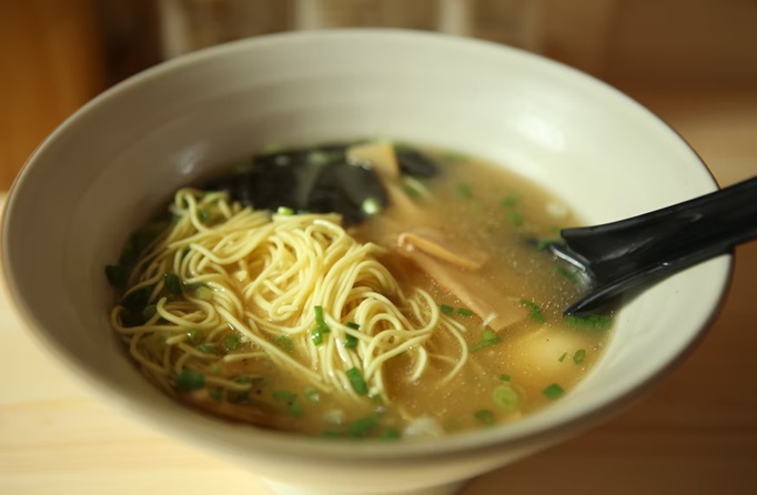 A noodle soup in a bowl